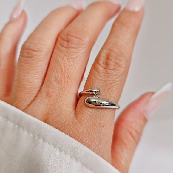 Sterling Silver Small Drop Paddle Ring, Abstract Ring,Wraparound Ring,Adjustable - Picture 6 of 9